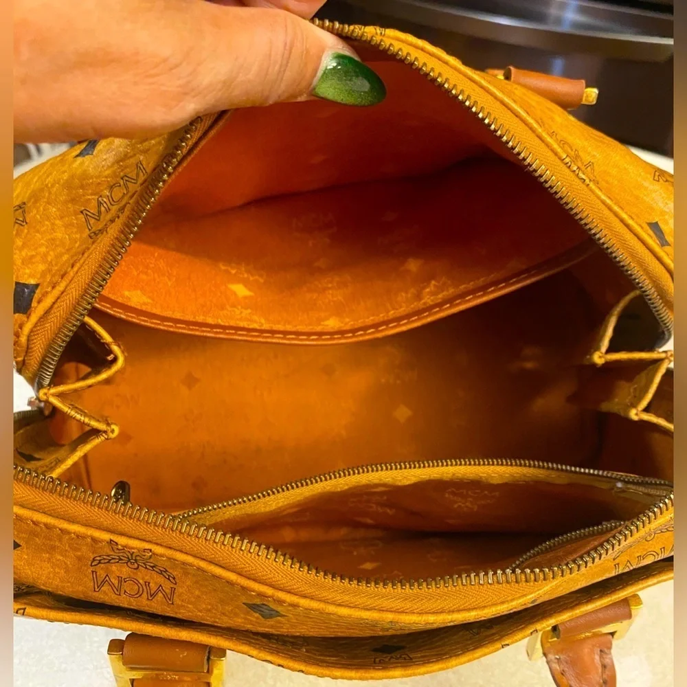 MCM Mini Boston Bag Visetos Brown w:Twilly, EUC